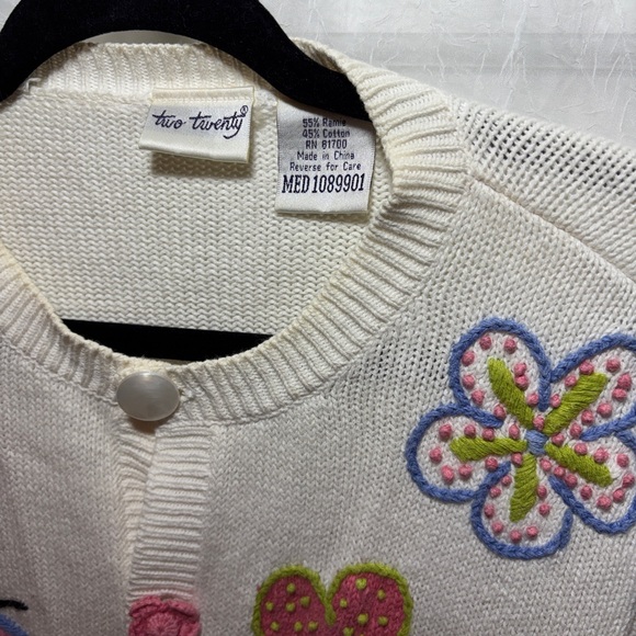 Cottage Core Two Twenty White Cardigan with Colorful Floral and Dragonflies - Picture 3 of 4